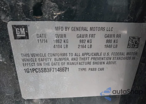 2015 Chevrolet Cruze 1Lt Auto z USA, uszkodzony, nr VIN 1G1PC5SB3F7148671